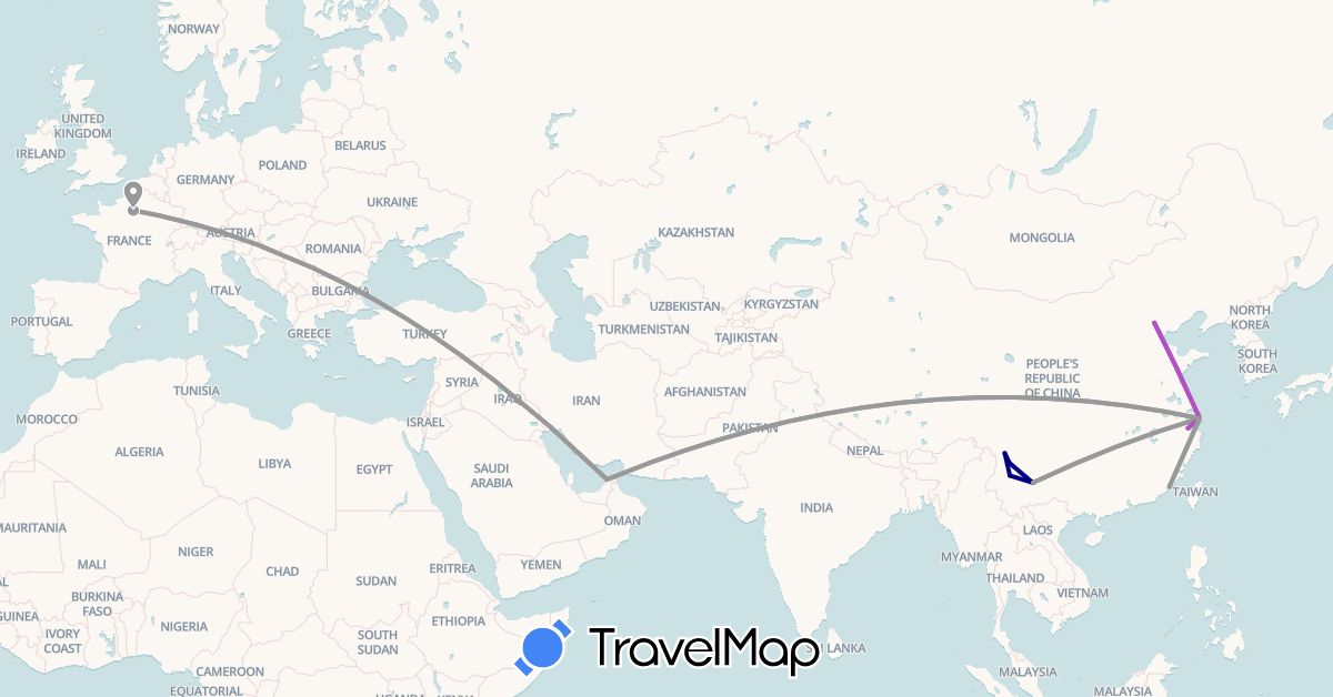 TravelMap itinerary: driving, plane, train in United Arab Emirates, China, France (Asia, Europe)